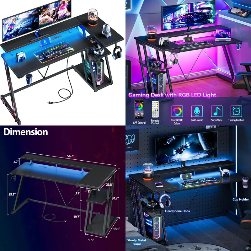 Desk Setup Black And Wood - Mesa de Jogos em Fibra de